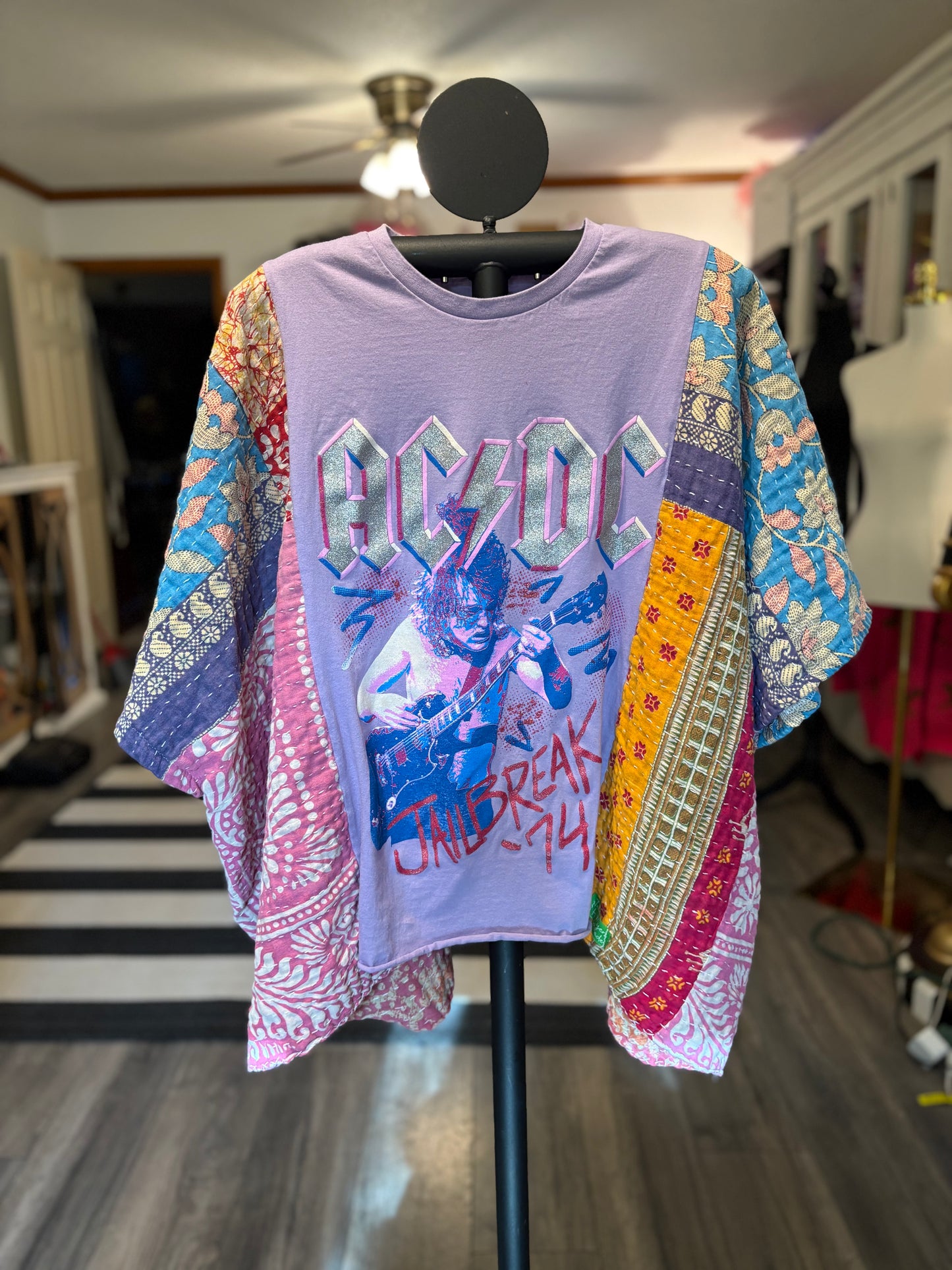 AC/DC Upcycled Vintage Kantha Poncho Tee Fits A Size Small to  XXL