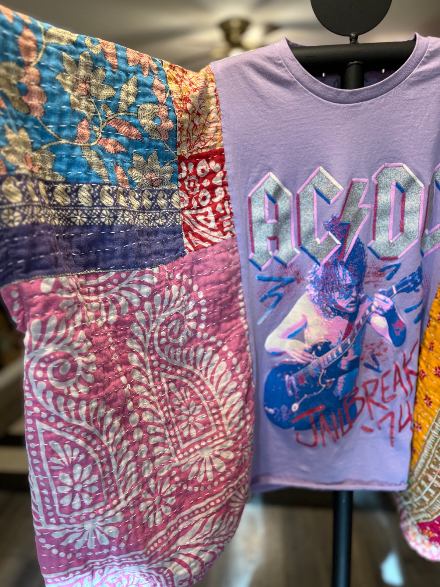 AC/DC Upcycled Vintage Kantha Poncho Tee Fits A Size Small to  XXL