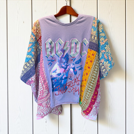 AC/DC Upcycled Vintage Kantha Poncho Tee Fits A Size Small to  XXL