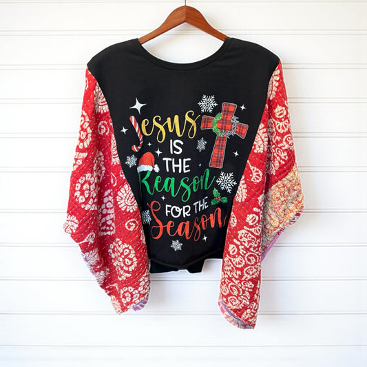 Jesus is the Reason Upcycled Vintage Kantha Poncho Tee Fits A Size Small to  XL