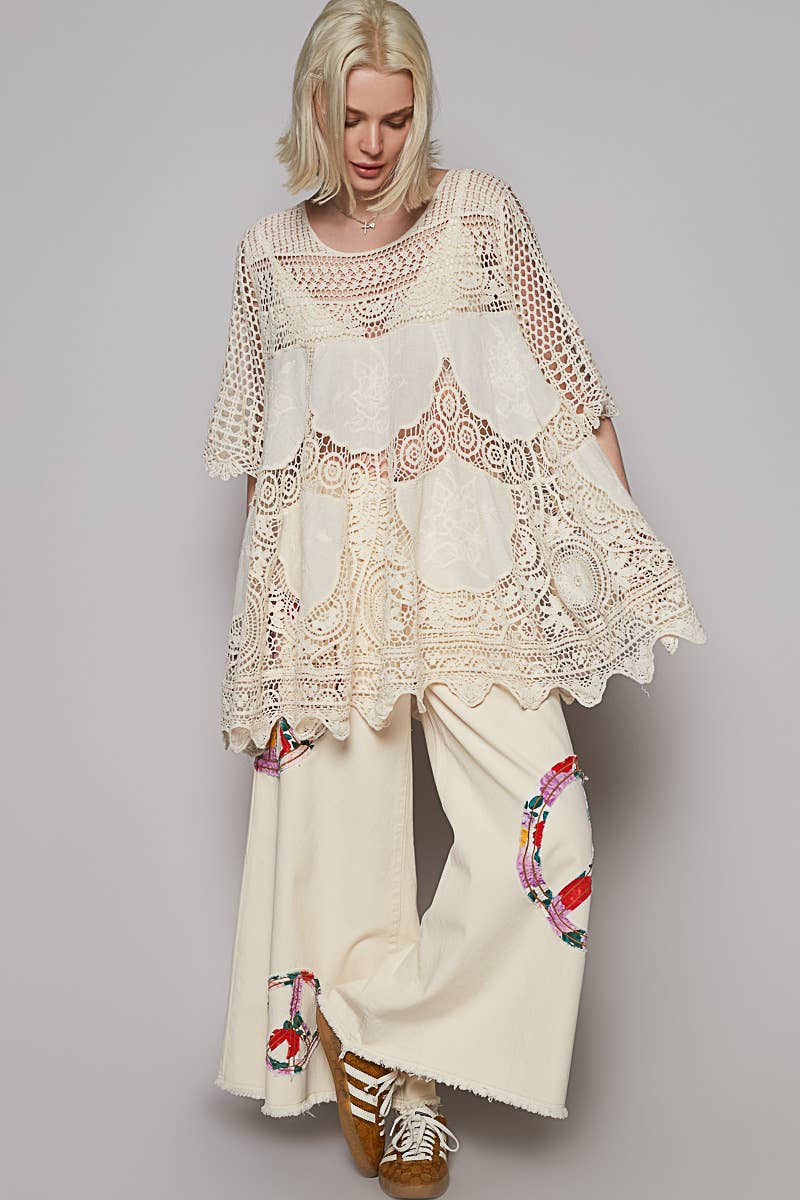Round neck short sleeve embroidery crochet top: NATURAL / Os