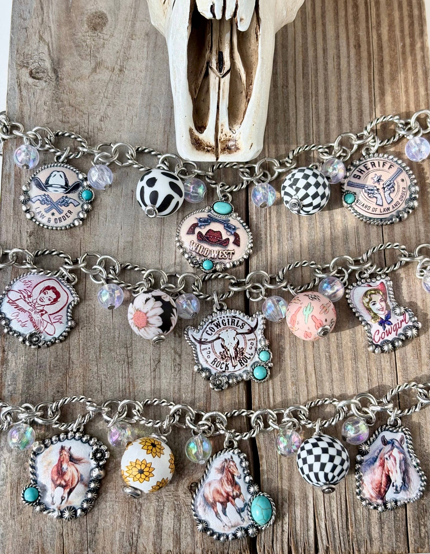 Western Style Multi Charm w/ Turquoise Stone Bracelet: Wild West
