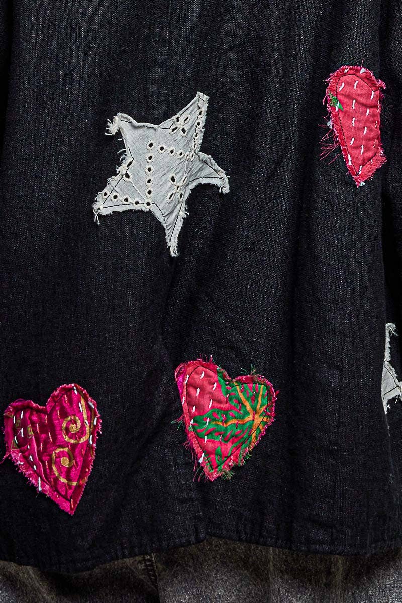 Notched Collar Star & Heart Applique Relaxed Blazer Jacket: Black