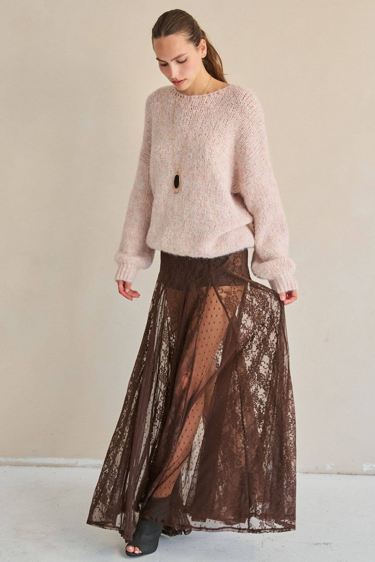 SHEER LACE FRONT SLIT MAXI SKIRT: Black