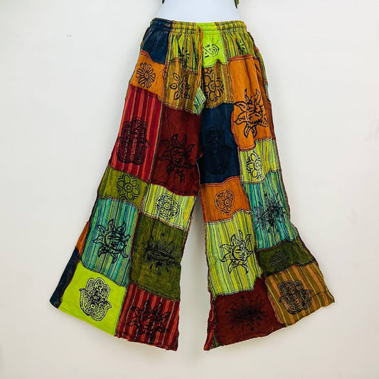 Patchwork Unisex Boho Wide Leg Palazzo Pant: Green / Free Size