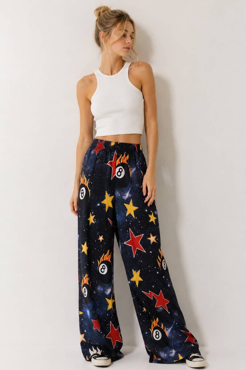 GALAXY 8-BALL PRINT WIDE LEG PANTS: DARK NAVY