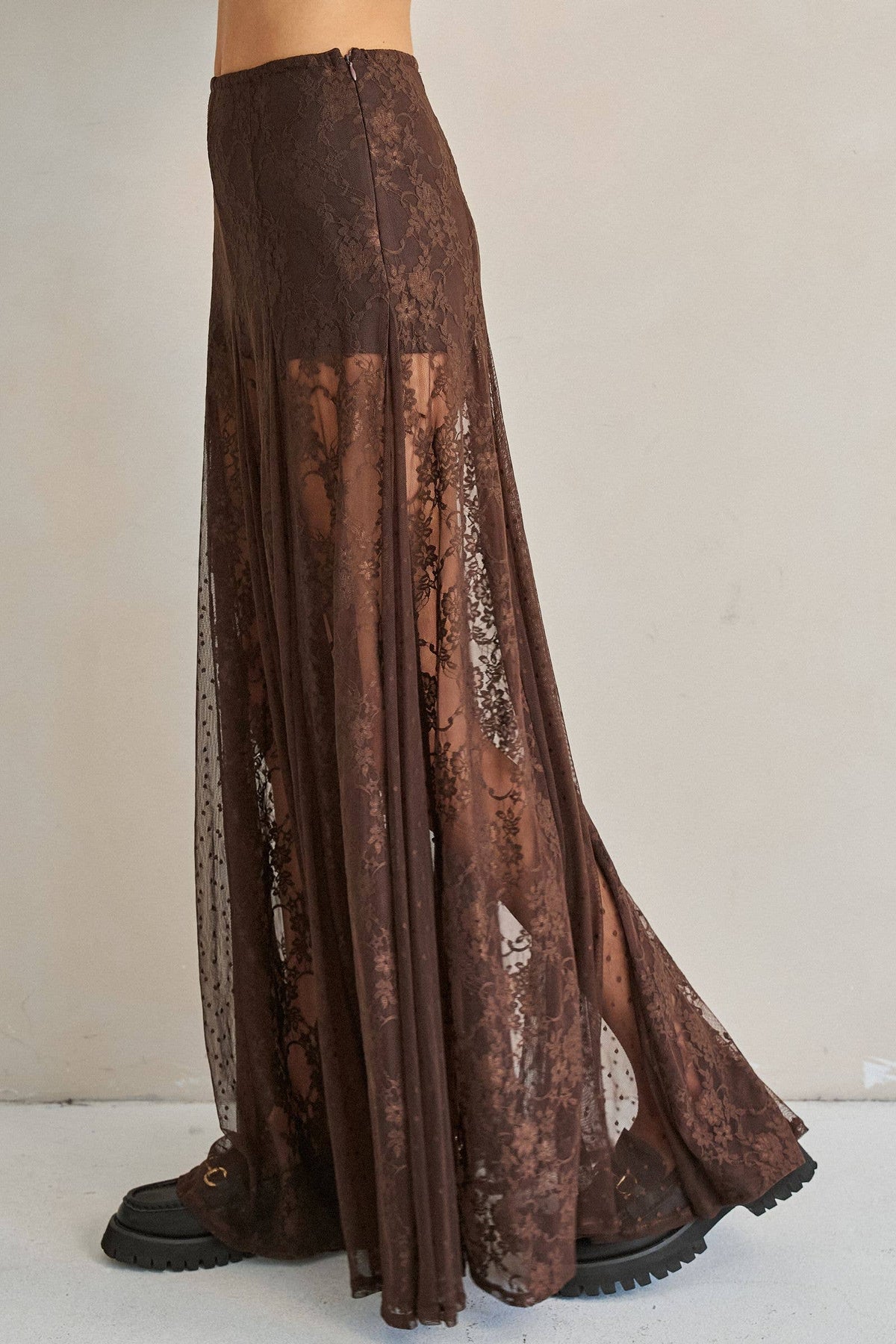 SHEER LACE FRONT SLIT MAXI SKIRT: Black