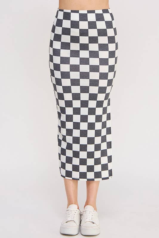 HI-WAIST CHECKERED MIDI PENCIL SKIRT w/ SIDE SLIT: BLACK/WHITE /