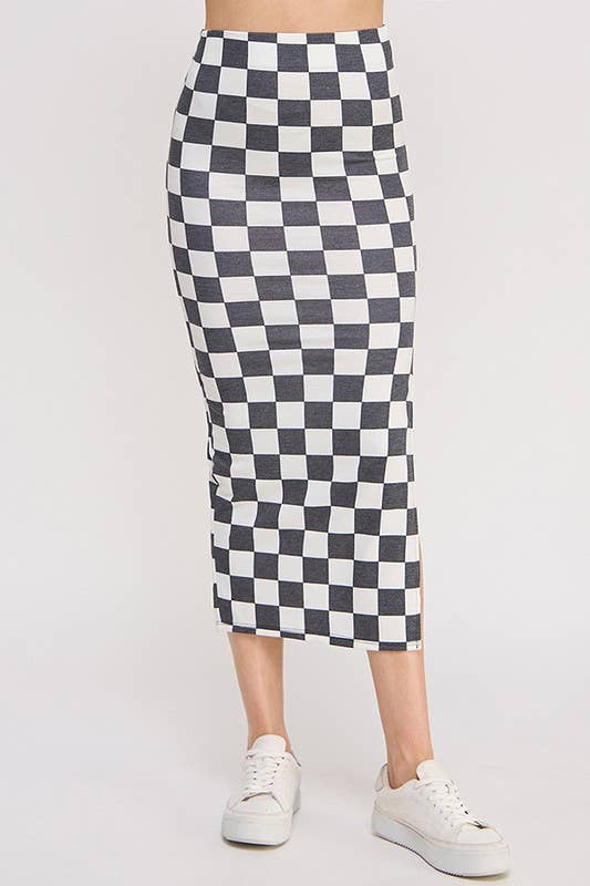 HI-WAIST CHECKERED MIDI PENCIL SKIRT w/ SIDE SLIT: BLACK/WHITE /
