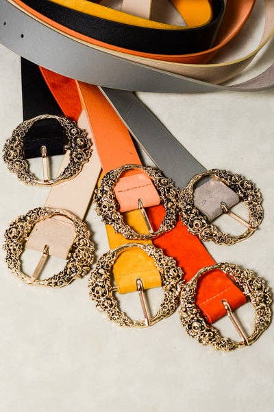 FLORAL ETCHED BUCKLE BELTS | 40BT600: BLACK