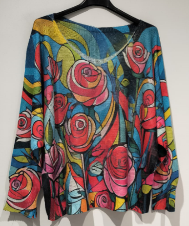 VI463 Blue Floral V-Neck Knit Printed Sweater LOOWIE