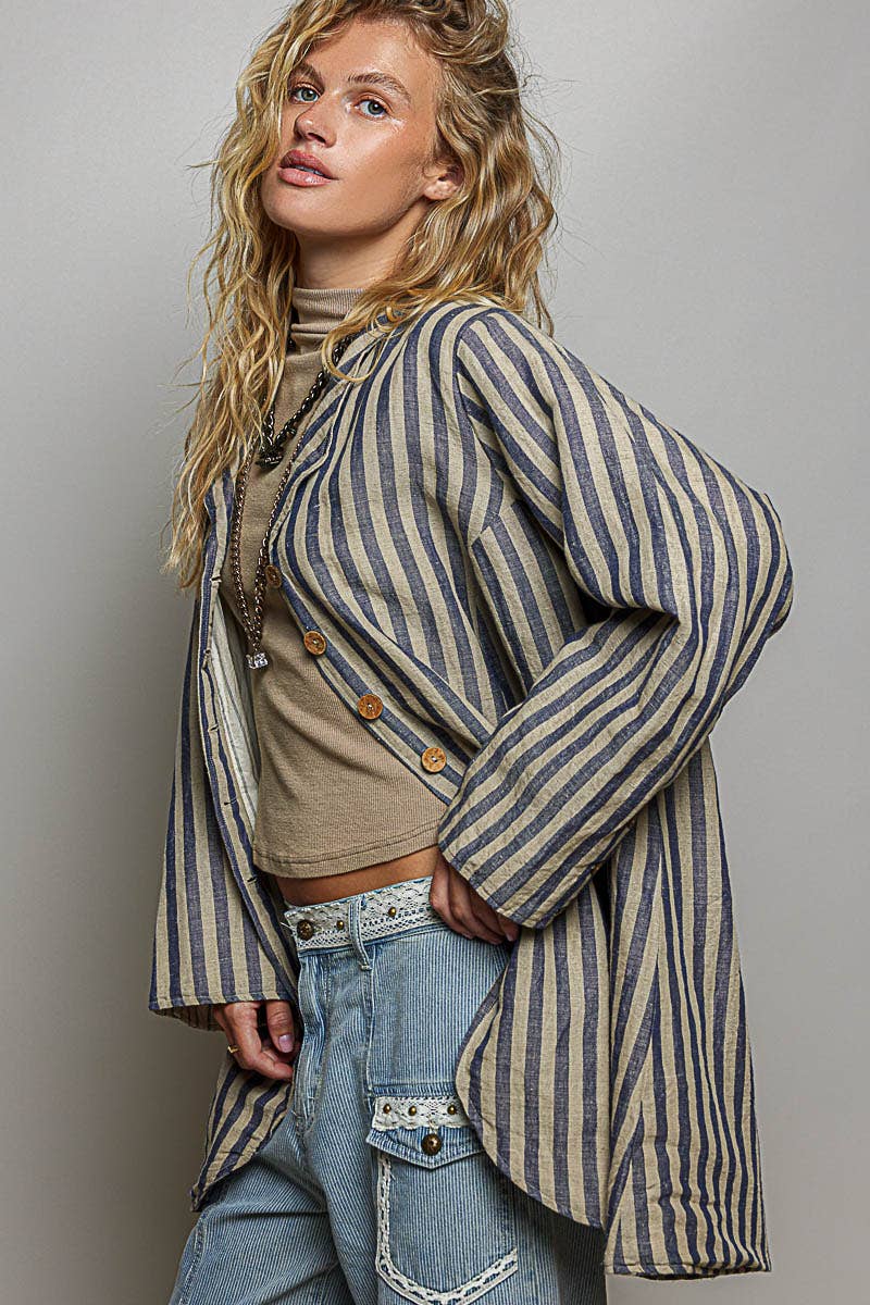 Stripe Pattern Asymmetrical Hem Lapel Style Woven Jacket: BLUE MULTI