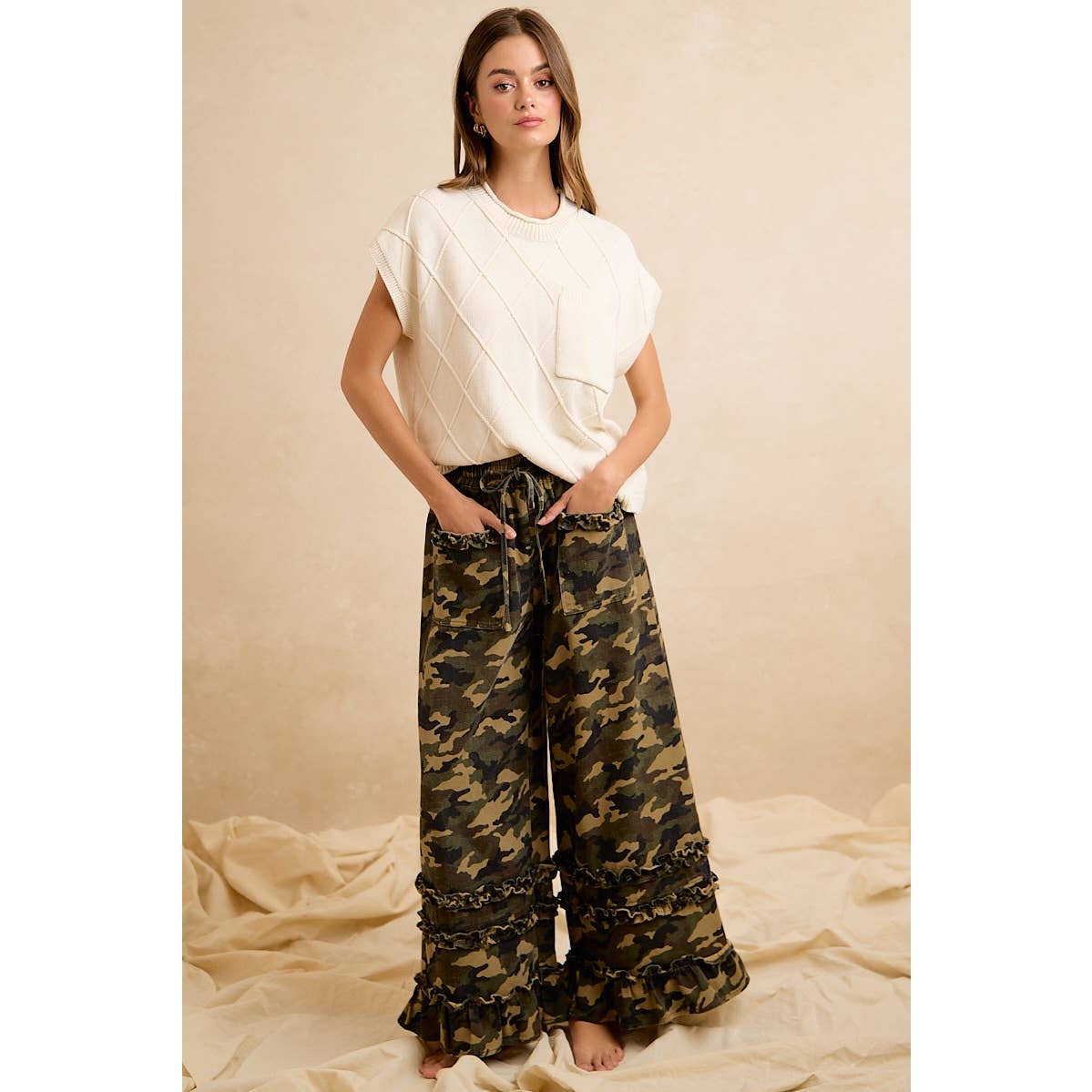 CAMOUFLAGE PRINTED TWILL RUFFLED DETAIL WIDE PANTS: CAMOUFLAGE / L 10-14