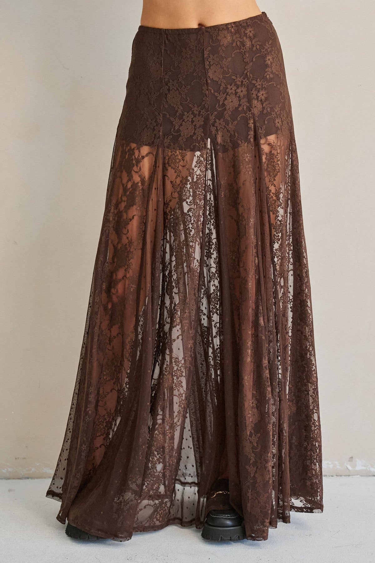 SHEER LACE FRONT SLIT MAXI SKIRT: Black