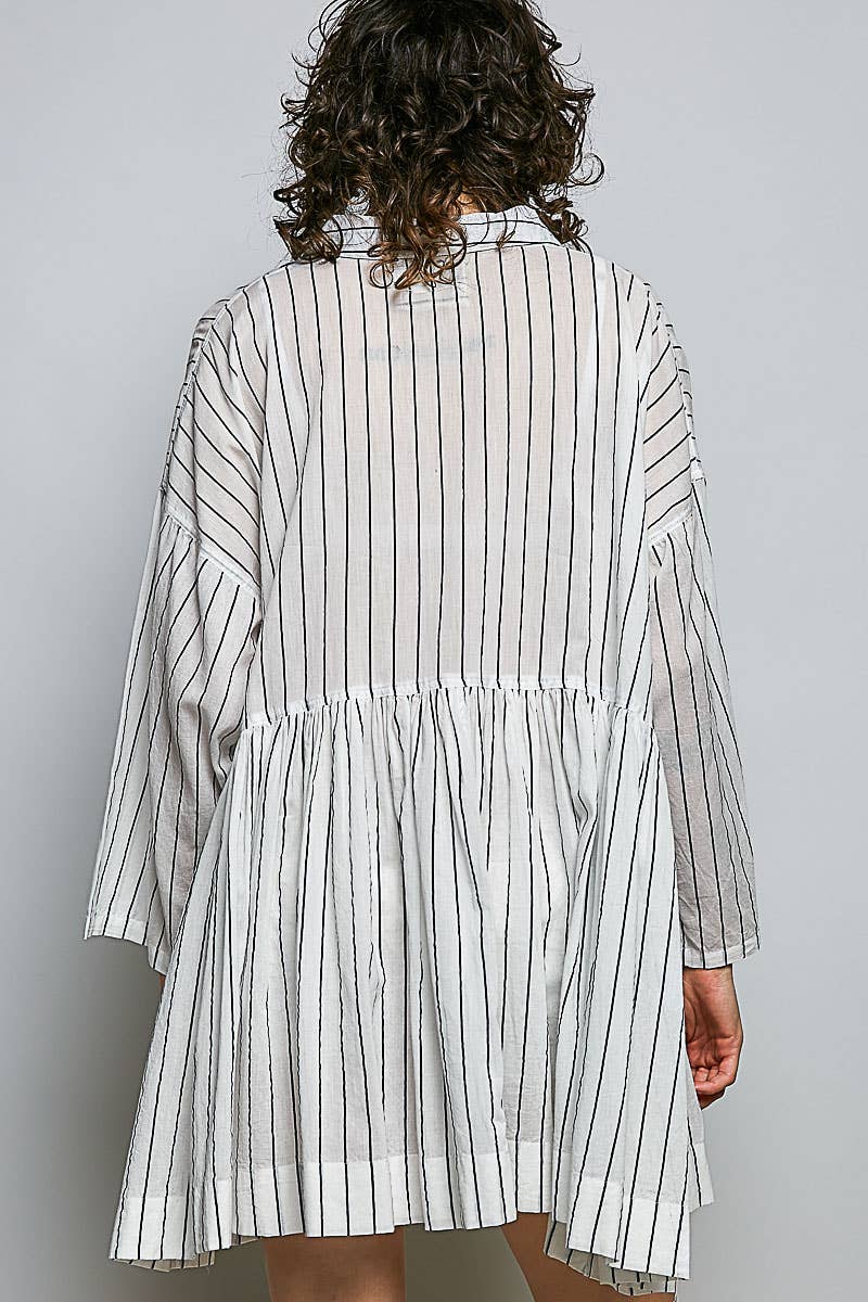 Striped Long Sleeve Collard Shirt Woven Dress : RED STRIPE / S
