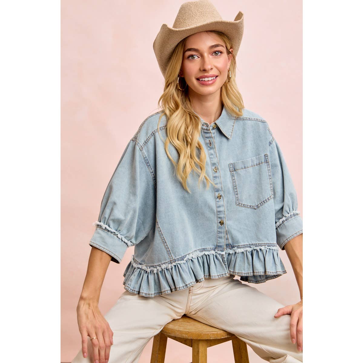 WASHED DENIM RUFFLED HEM BUTTON UP SHIRT: WASHED DENIM / S-XL