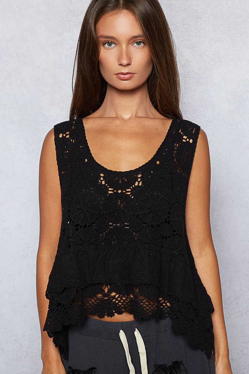 Black Swan Crochet Ruffle Embroidered Crop Top One Size Fits a Small to XL (2-16)