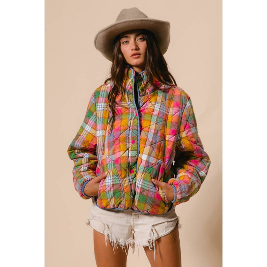 BLEACHED VINTAGE PLAID QUILTED JACKET WITH POCKETS: STAINED GLASS