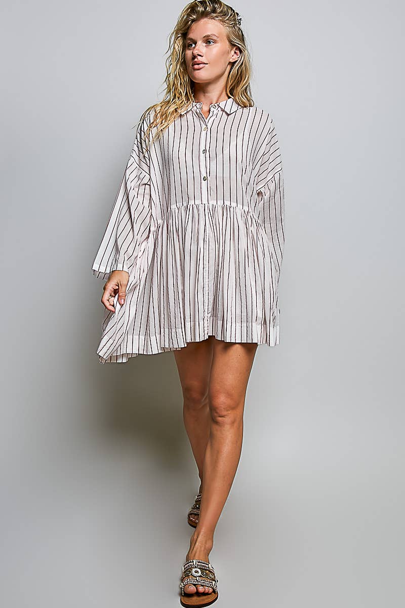Striped Long Sleeve Collard Shirt Woven Dress : RED STRIPE / M