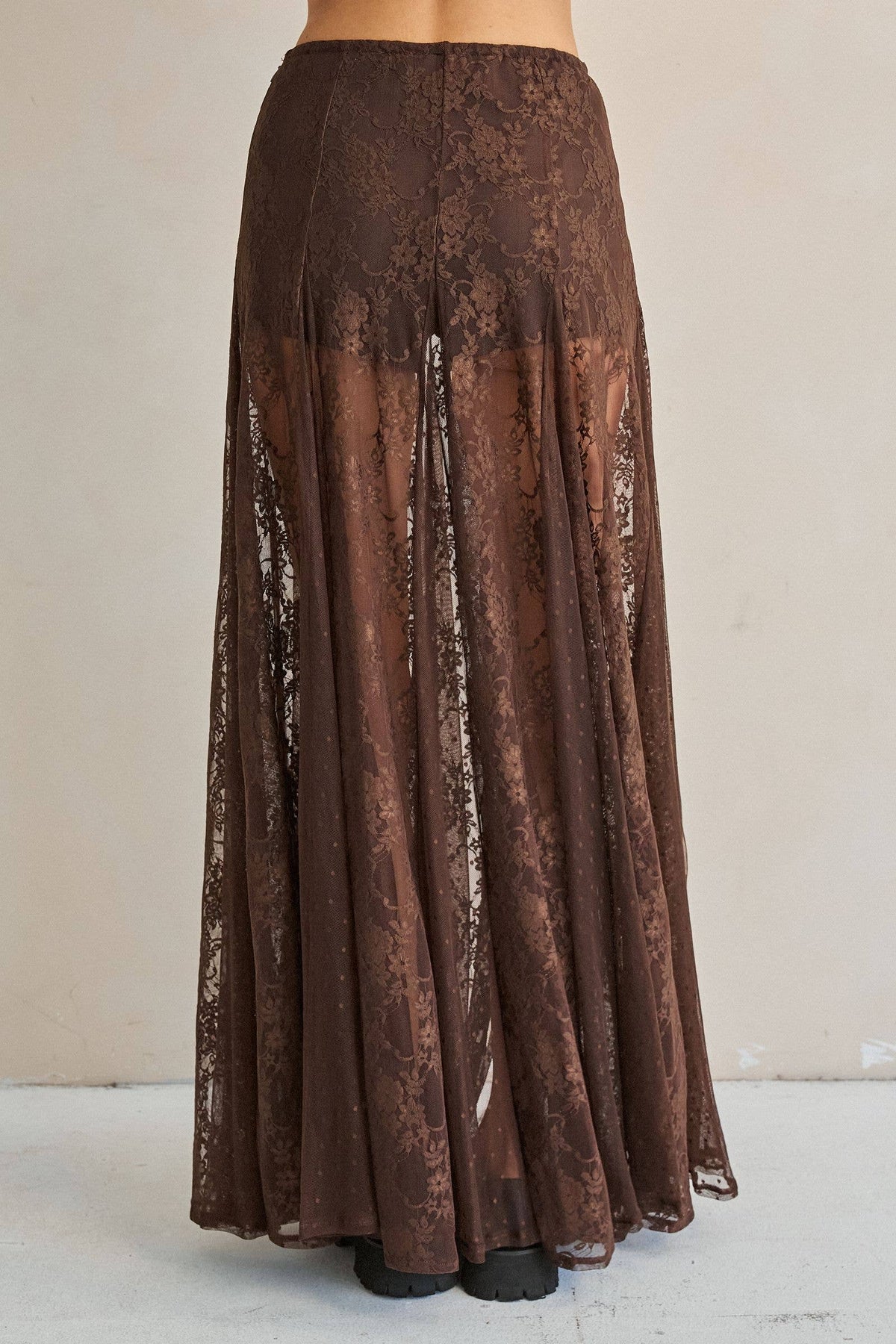 SHEER LACE FRONT SLIT MAXI SKIRT: Black