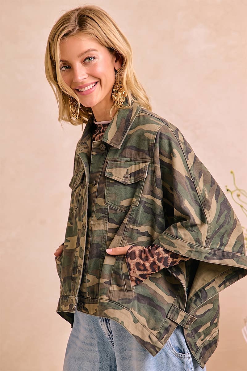 WOMEN OVERSIZED CAPE SLEEVE DENIM TRUCKER JACKET: CAMOUFLAGE