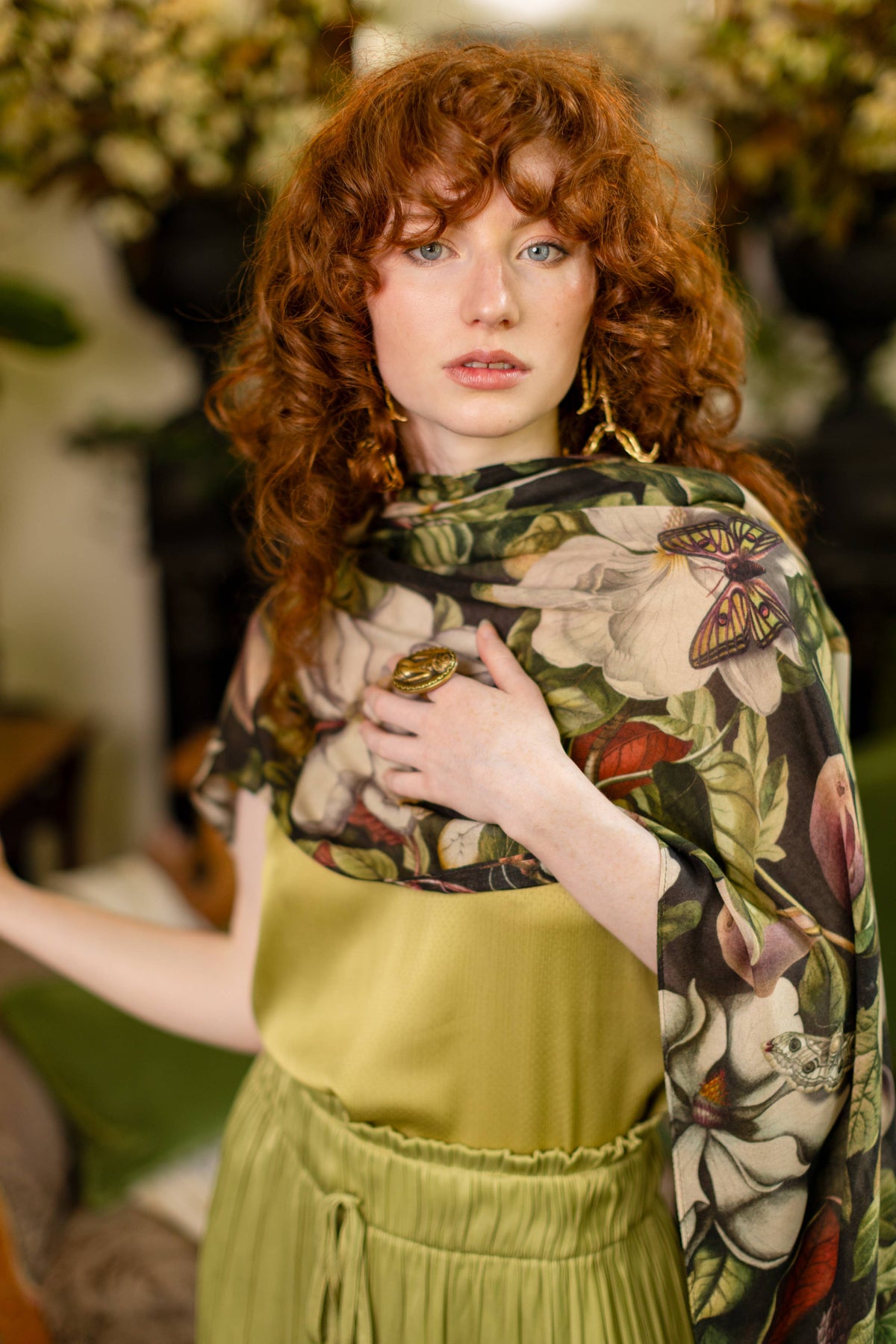 Fleur De Lune Scarf with Magnolia Print & Bees