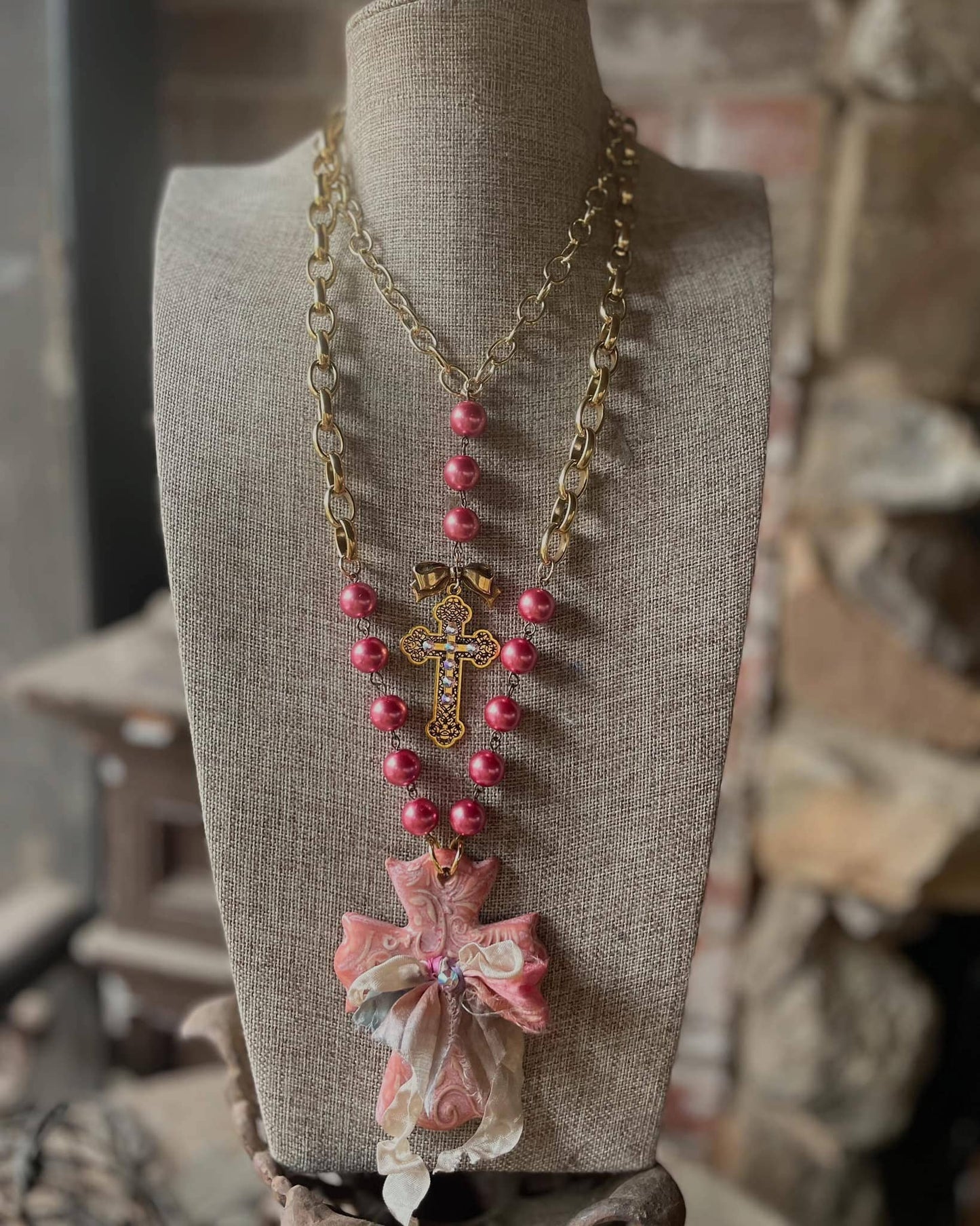 Handmade Pottery Cross Necklace PINKS
