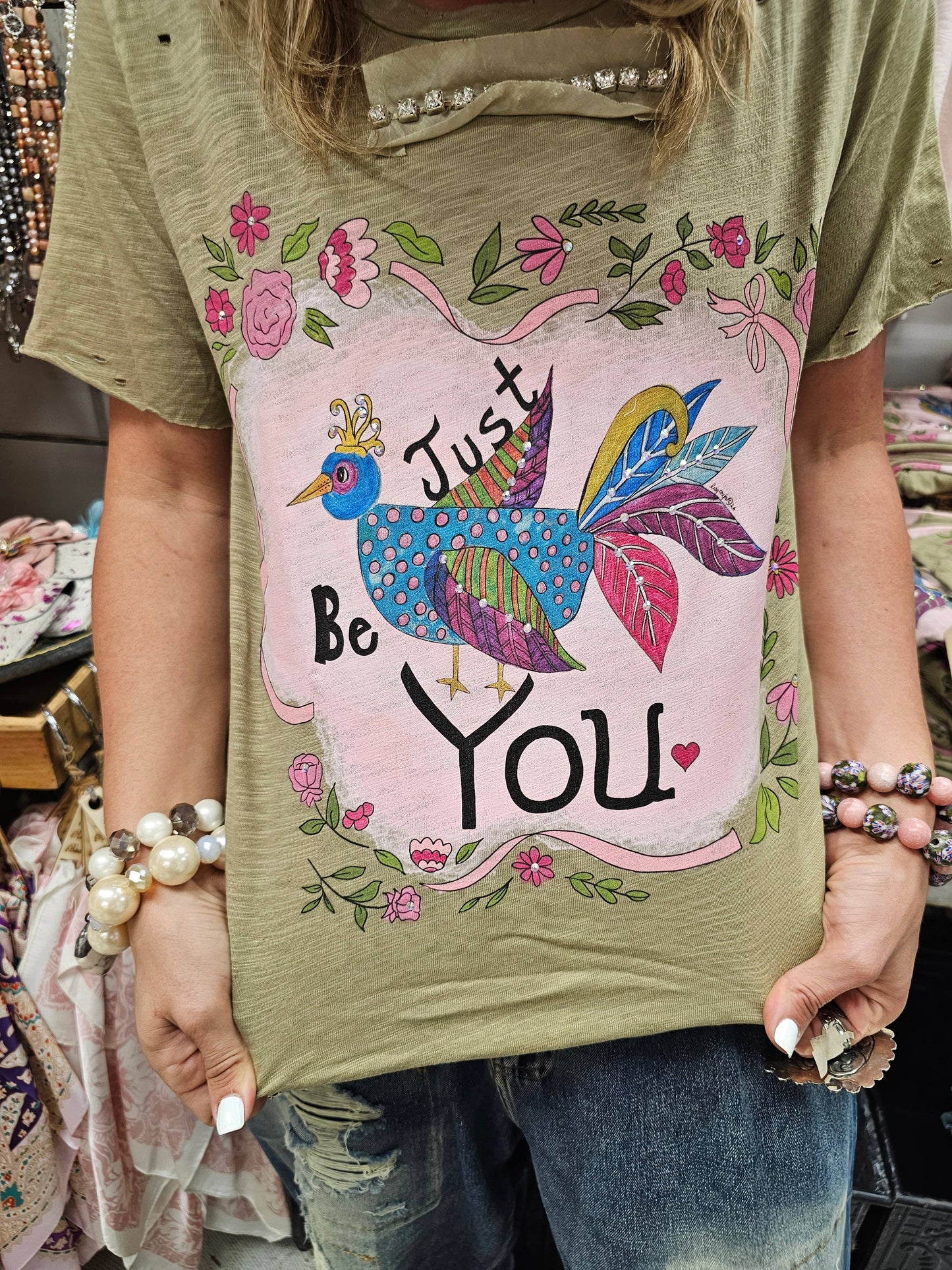 Just Be You Olive Tattered Tee: Lxl