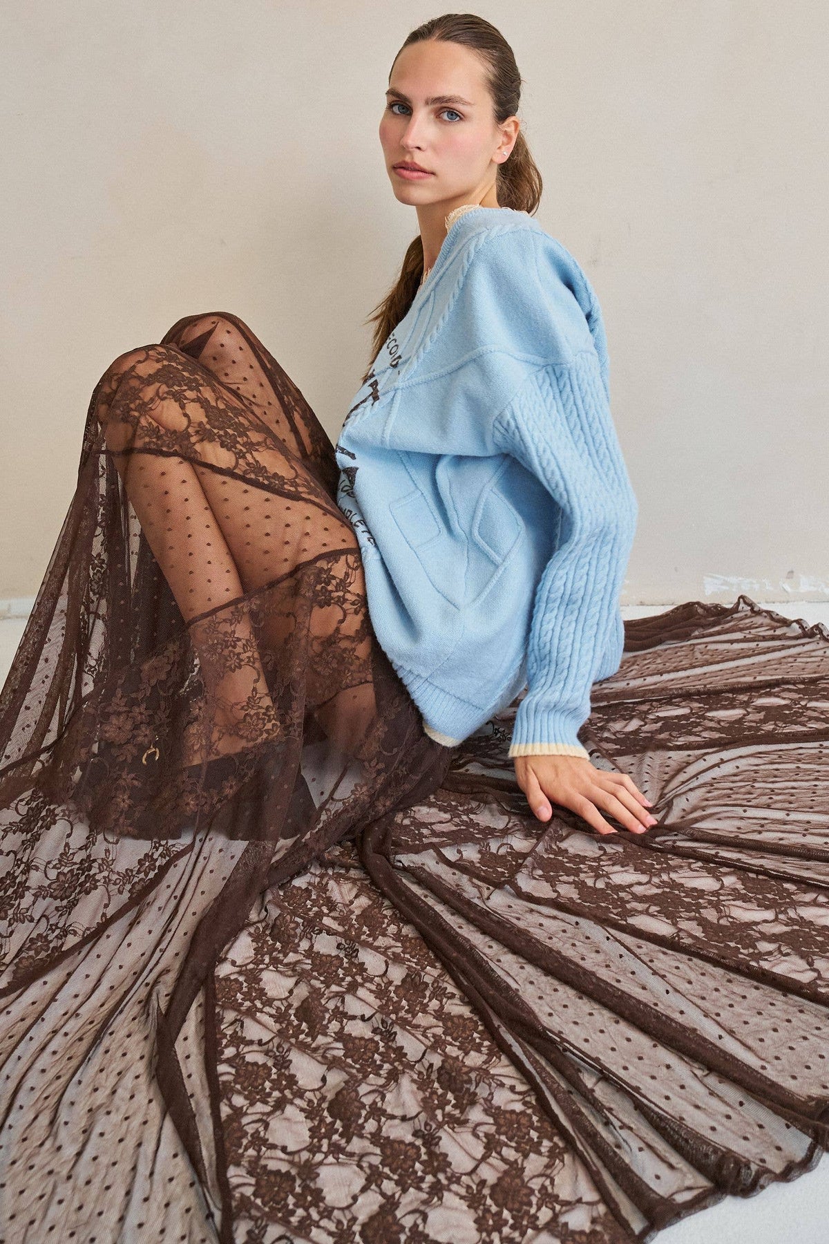 SHEER LACE FRONT SLIT MAXI SKIRT: Black
