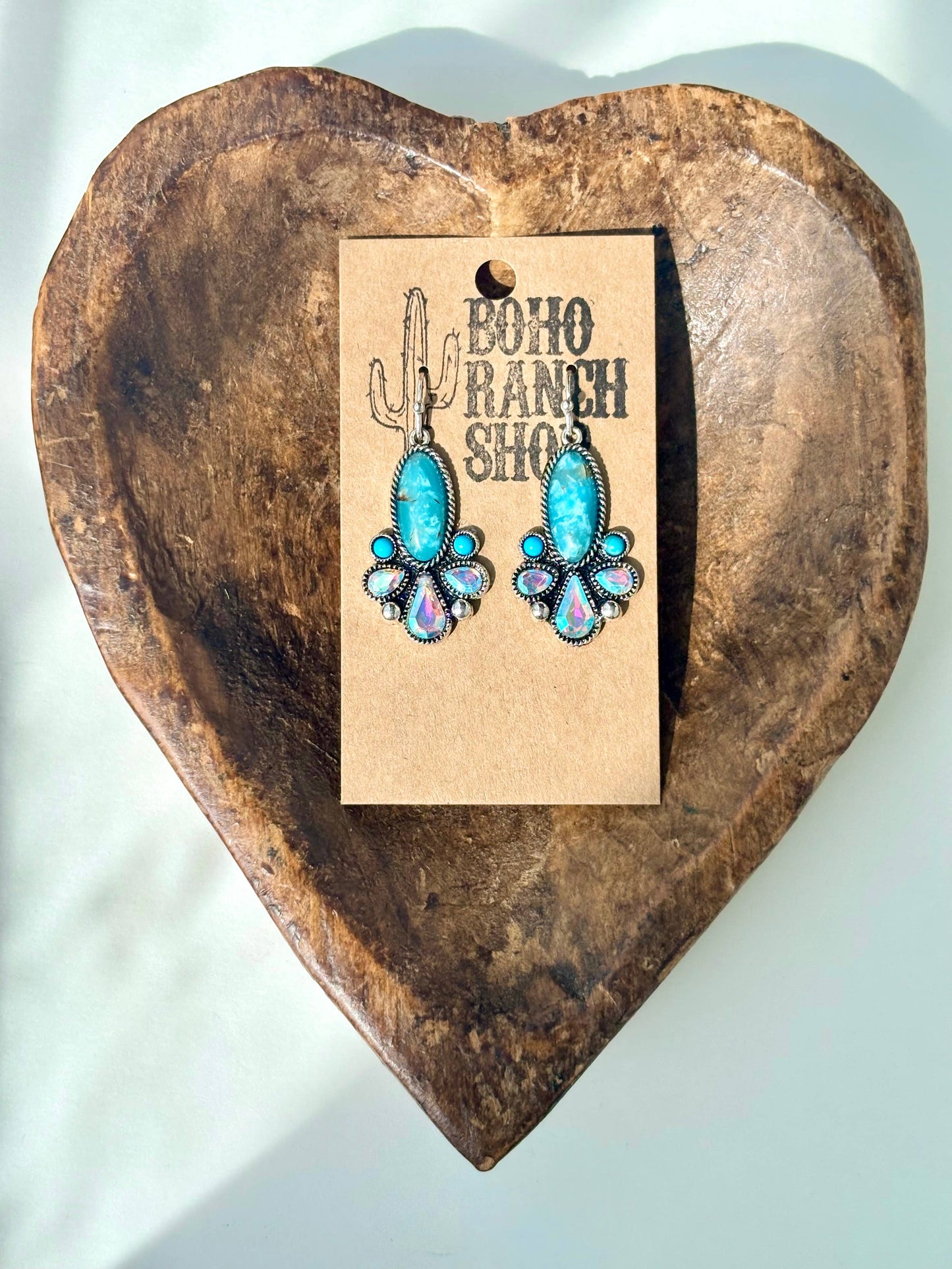 Western Style Turquoise Stone Rhinestone Dangle Earrings: White