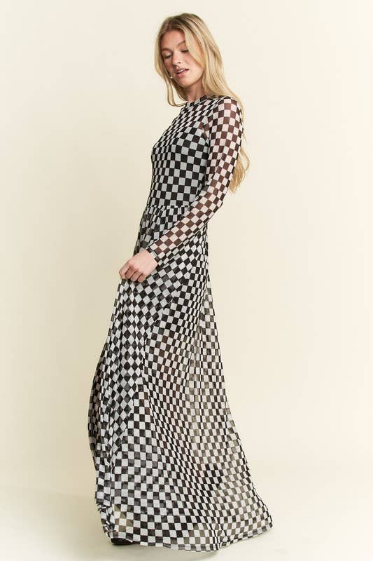 CHECKER PRINT MAXI DRESS: Black