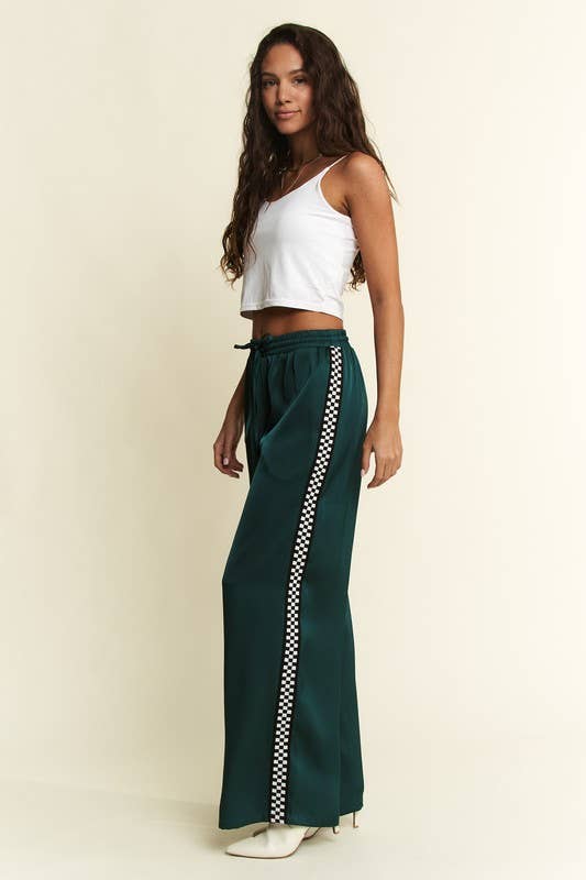 PLUS SIZE SOLID SATIN SWEATPANTS WITH SIDE CHECKERBOARD TAPE: Black