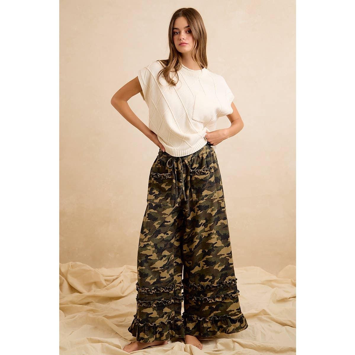 CAMOUFLAGE PRINTED TWILL RUFFLED DETAIL WIDE PANTS: CAMOUFLAGE / S 2-6