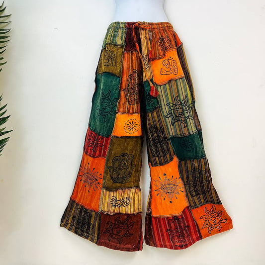 Patchwork Unisex Boho Wide Leg Palazzo Pant: Orange / Plus Size