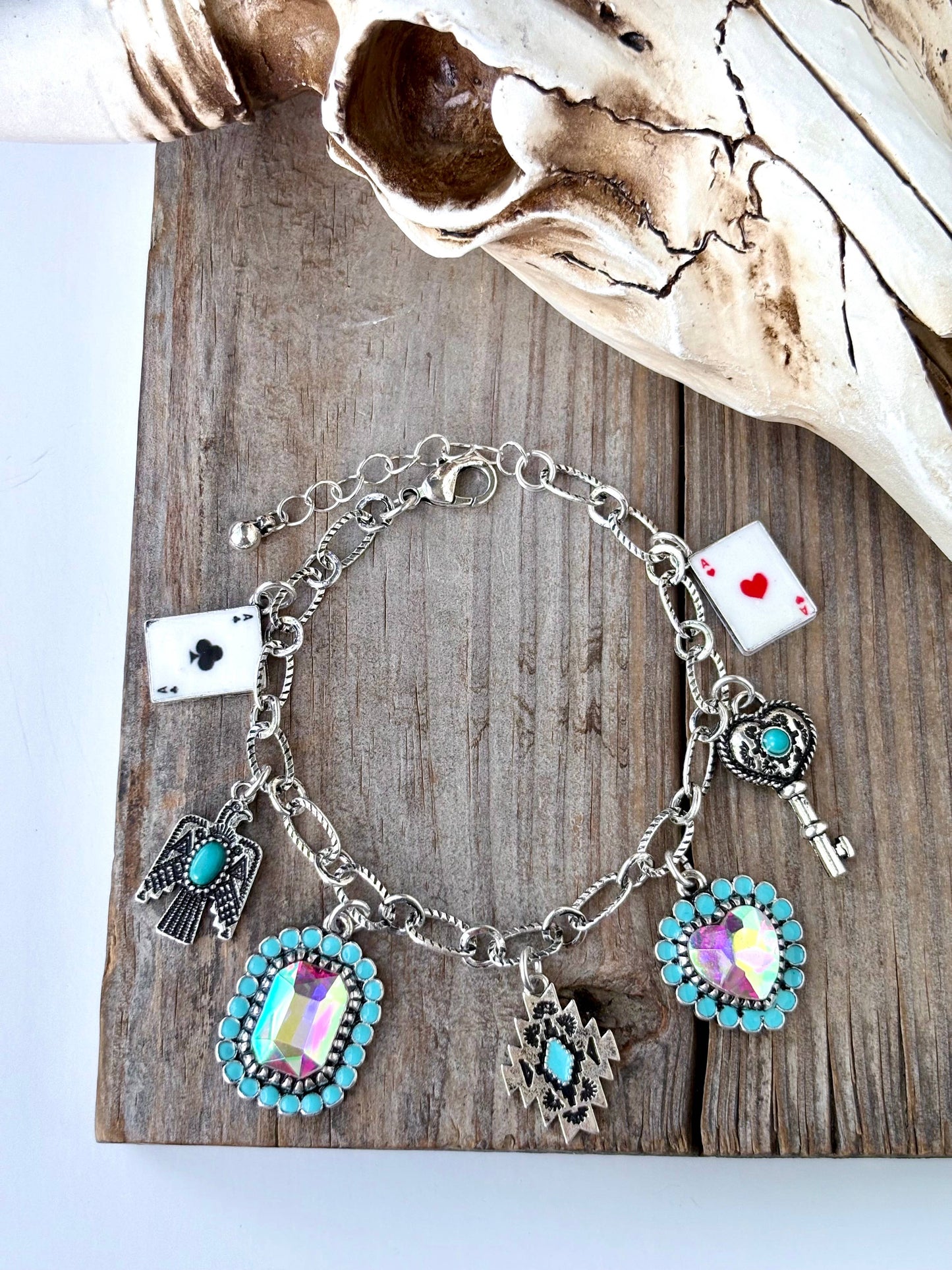 Western Style Stone Multi Charm Chunky Chain Bracelet : Heart Heart