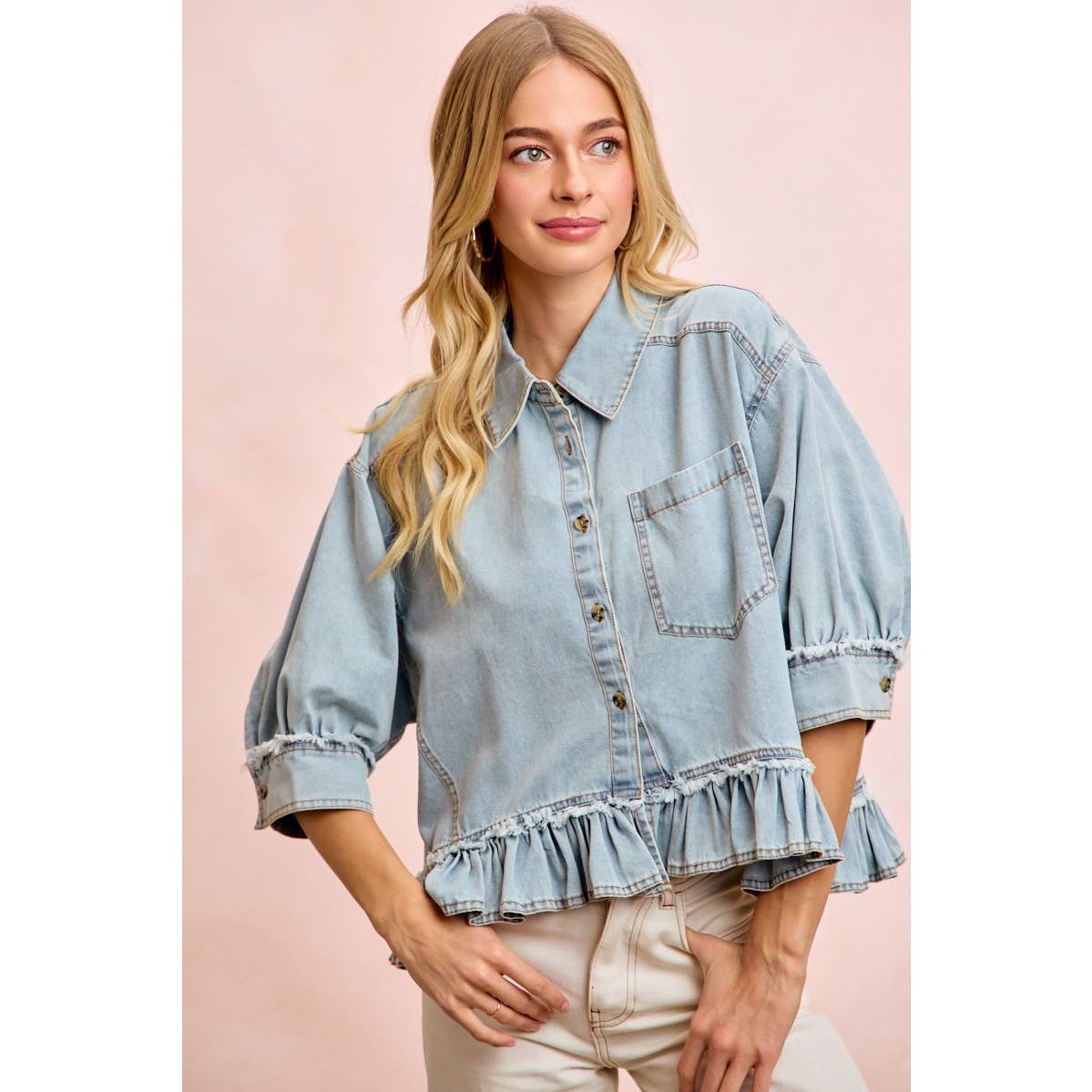WASHED DENIM RUFFLED HEM BUTTON UP SHIRT: WASHED DENIM / S-XL