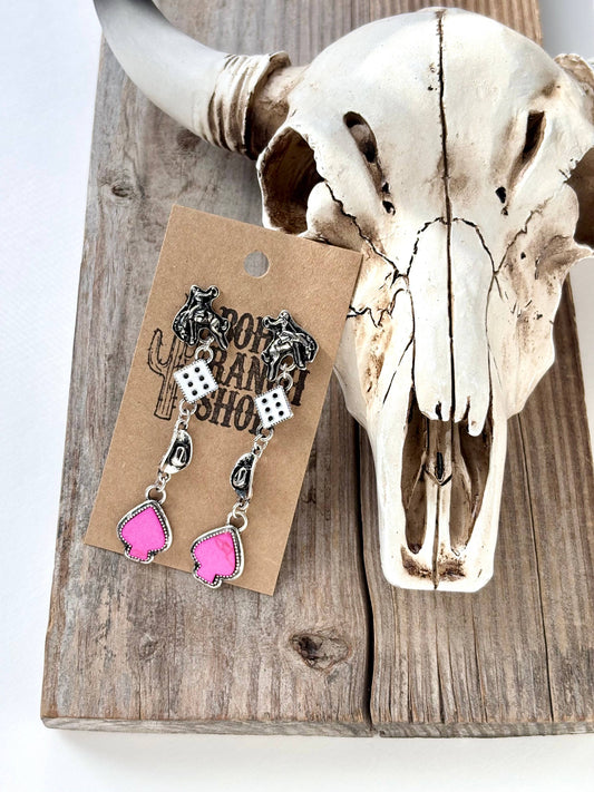 4 Tier Western Rodeo Dice Spade Stone Post Drop Earrings: Pink