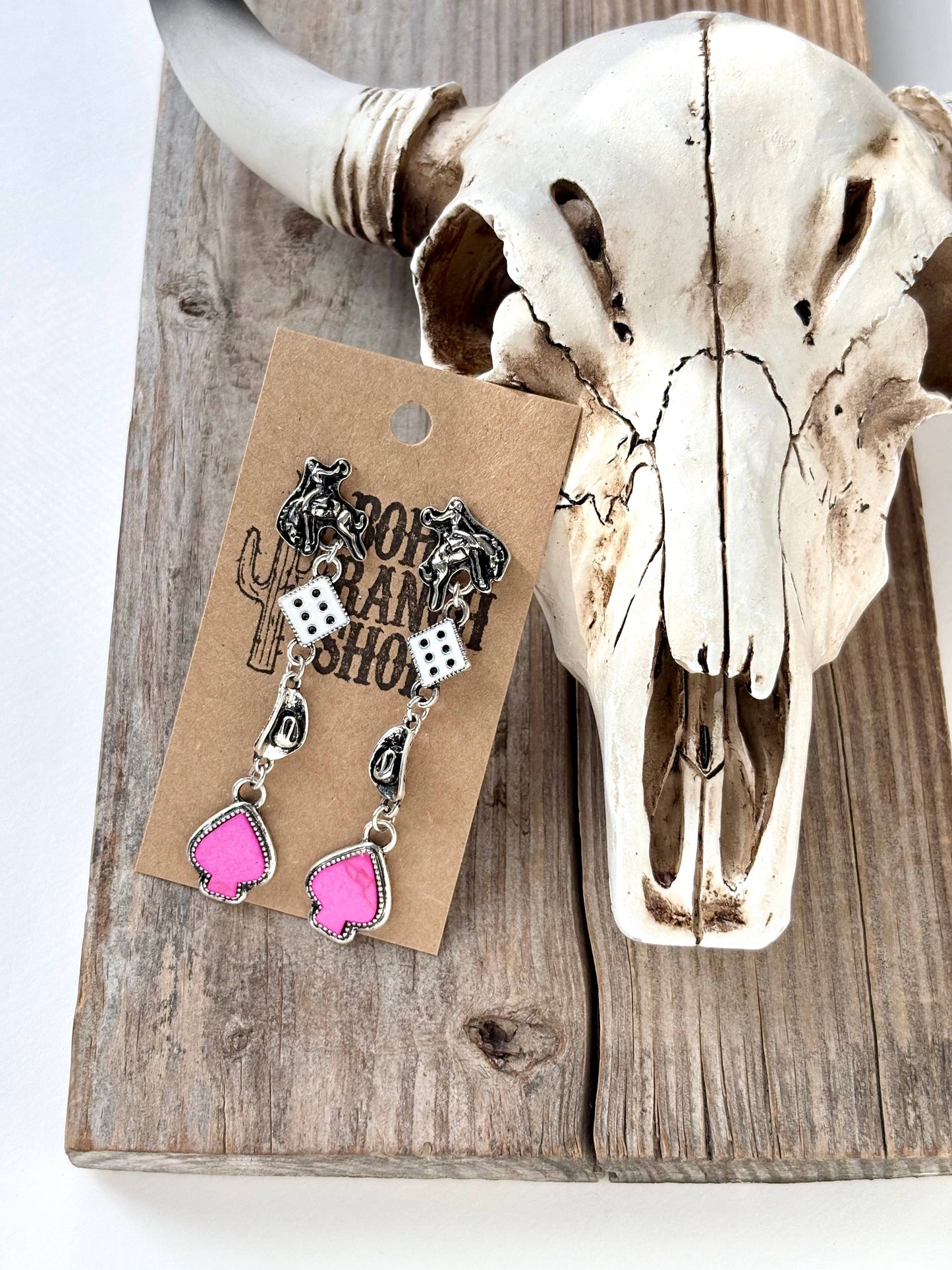 4 Tier Western Rodeo Dice Spade Stone Post Drop Earrings: Turquoise
