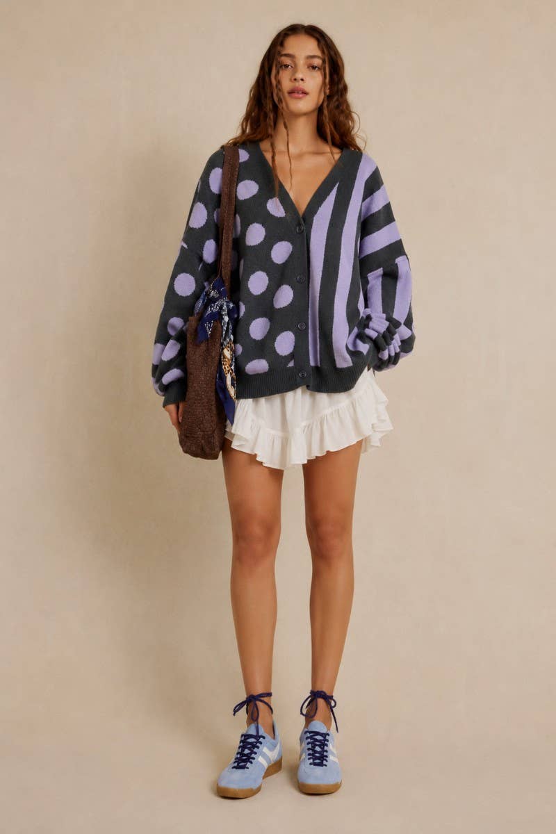 MIX DOT & STRIPE KNIT CARDIGAN: CHARCOAL/LAVENDER