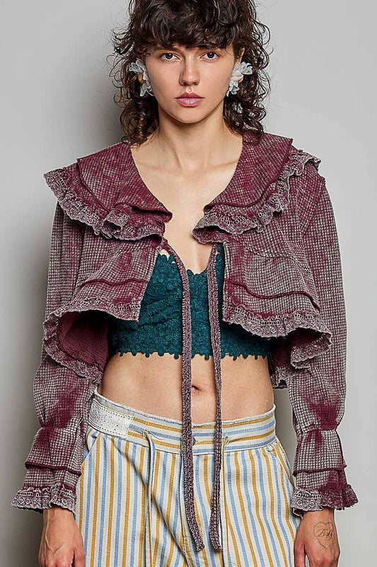 Gingham Lace Ruffle Tie Front Thermal Flared Cropped Top: BLOOD RED