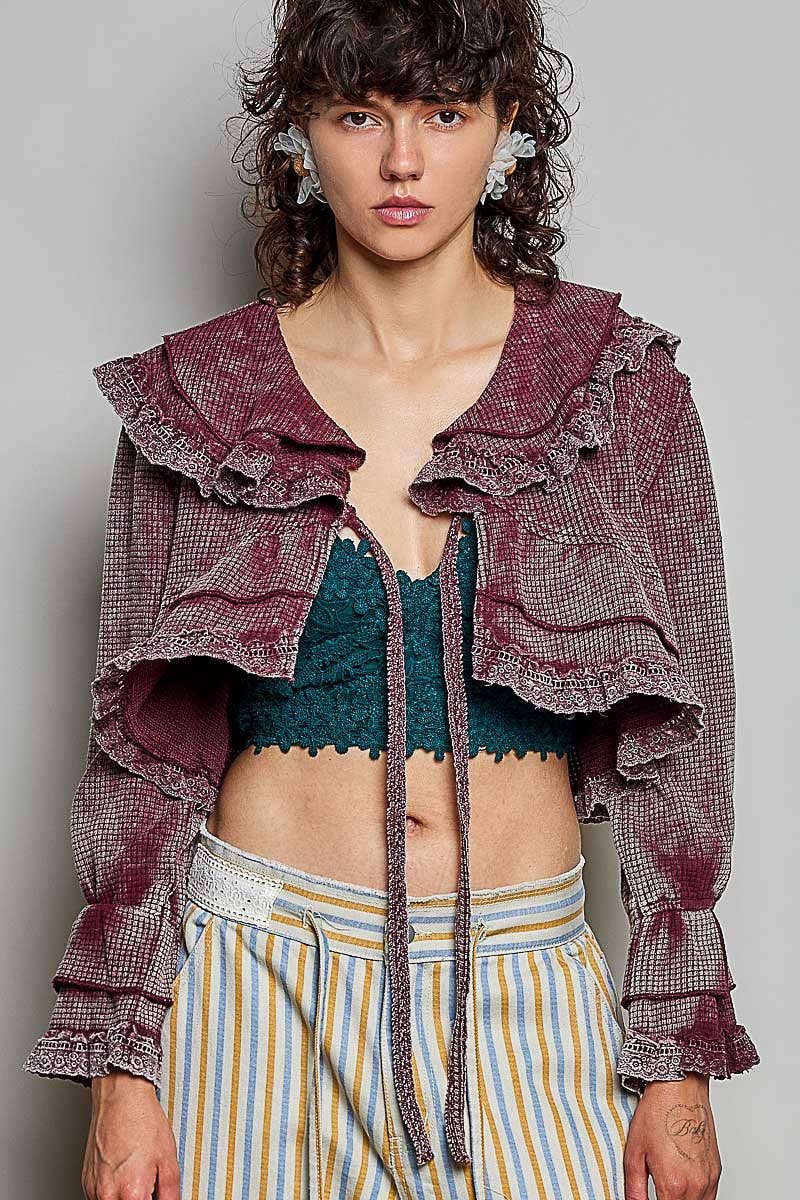 Gingham Lace Ruffle Tie Front Thermal Flared Cropped Top: BLOOD RED / L