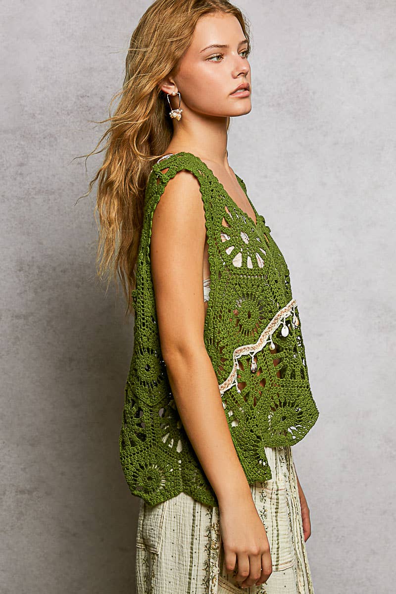 Round Neck Sleeveless Solid Crochet Top: GRASS GREEN / One Size Fits a Small to XXL