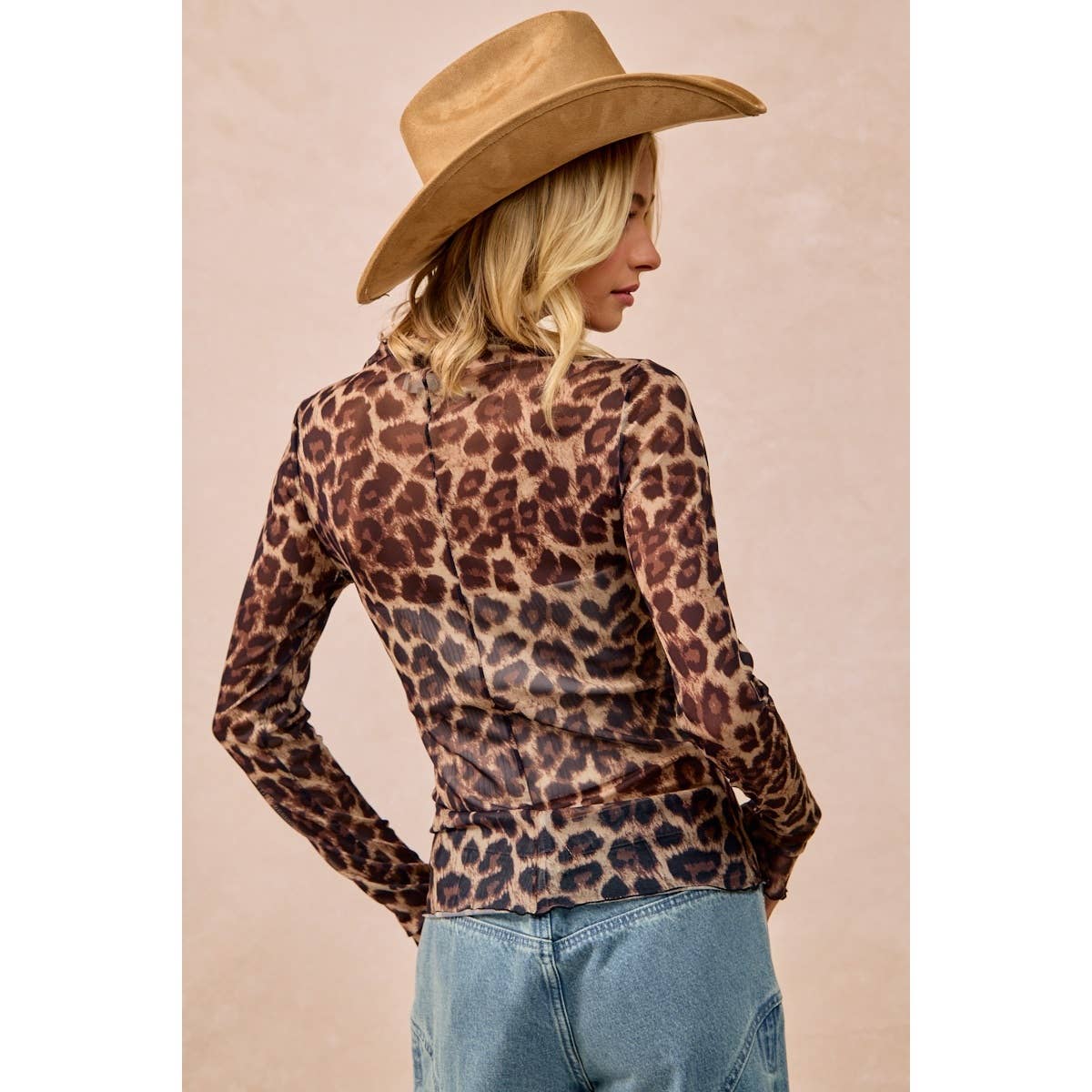 MESH LEOPARD PRINTED TOP WITH LONG SLEEVES: LEOPARD / S-XL