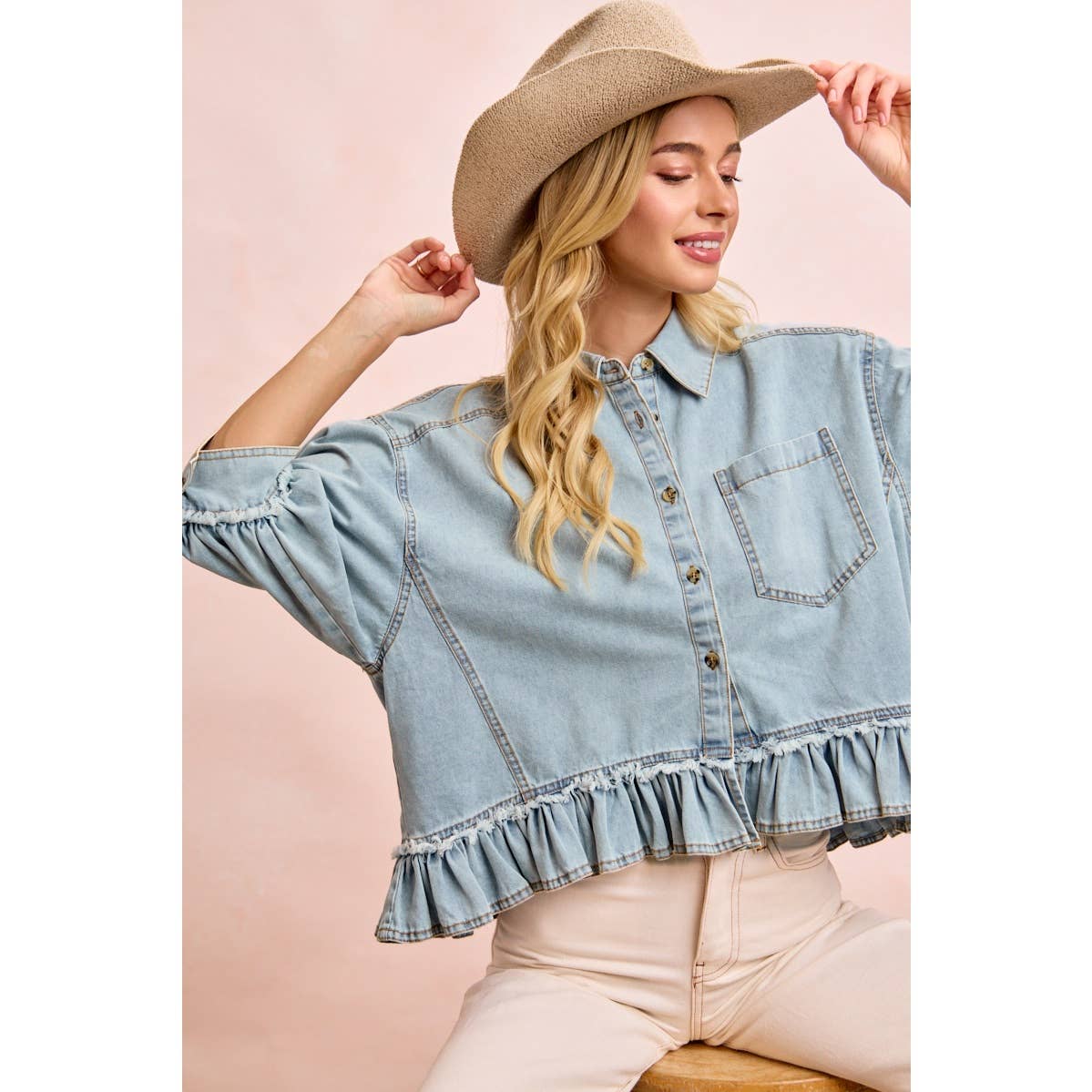 WASHED DENIM RUFFLED HEM BUTTON UP SHIRT: WASHED DENIM / S-XL