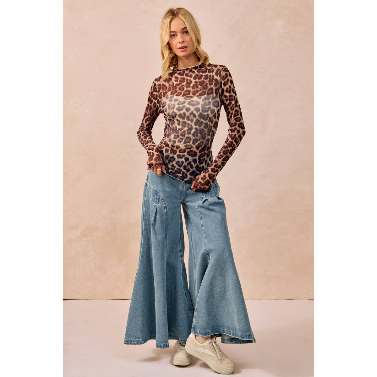MESH LEOPARD PRINTED TOP WITH LONG SLEEVES: LEOPARD / S-XL