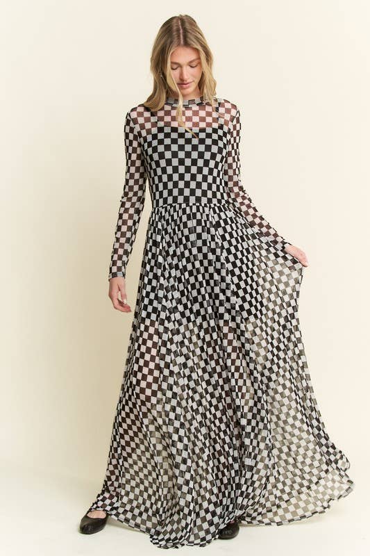 CHECKER PRINT MAXI DRESS: Black