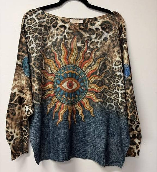VI633 Leopard Sun Eye Printed Sweater