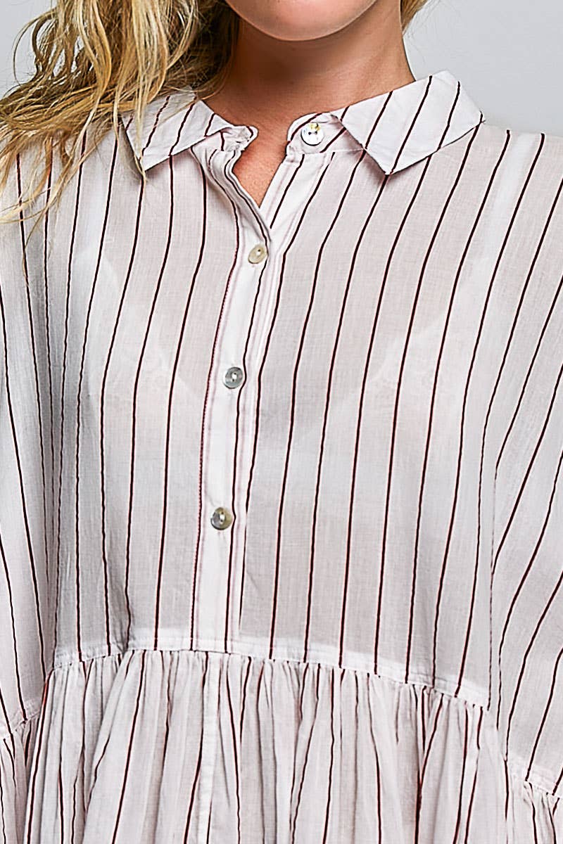 Striped Long Sleeve Collard Shirt Woven Dress : RED STRIPE / S