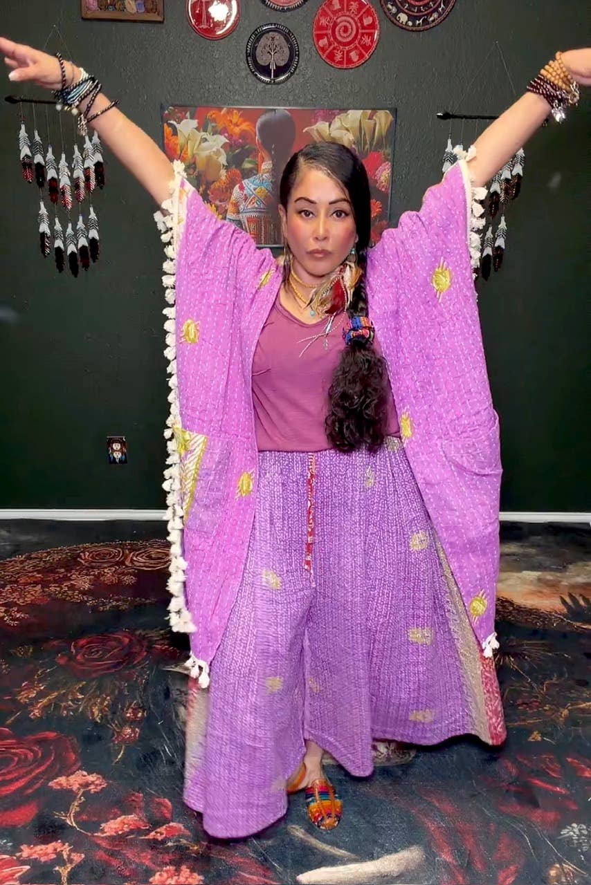 Short Sleeve Willow Fringe Kantha Kimono 1000-07