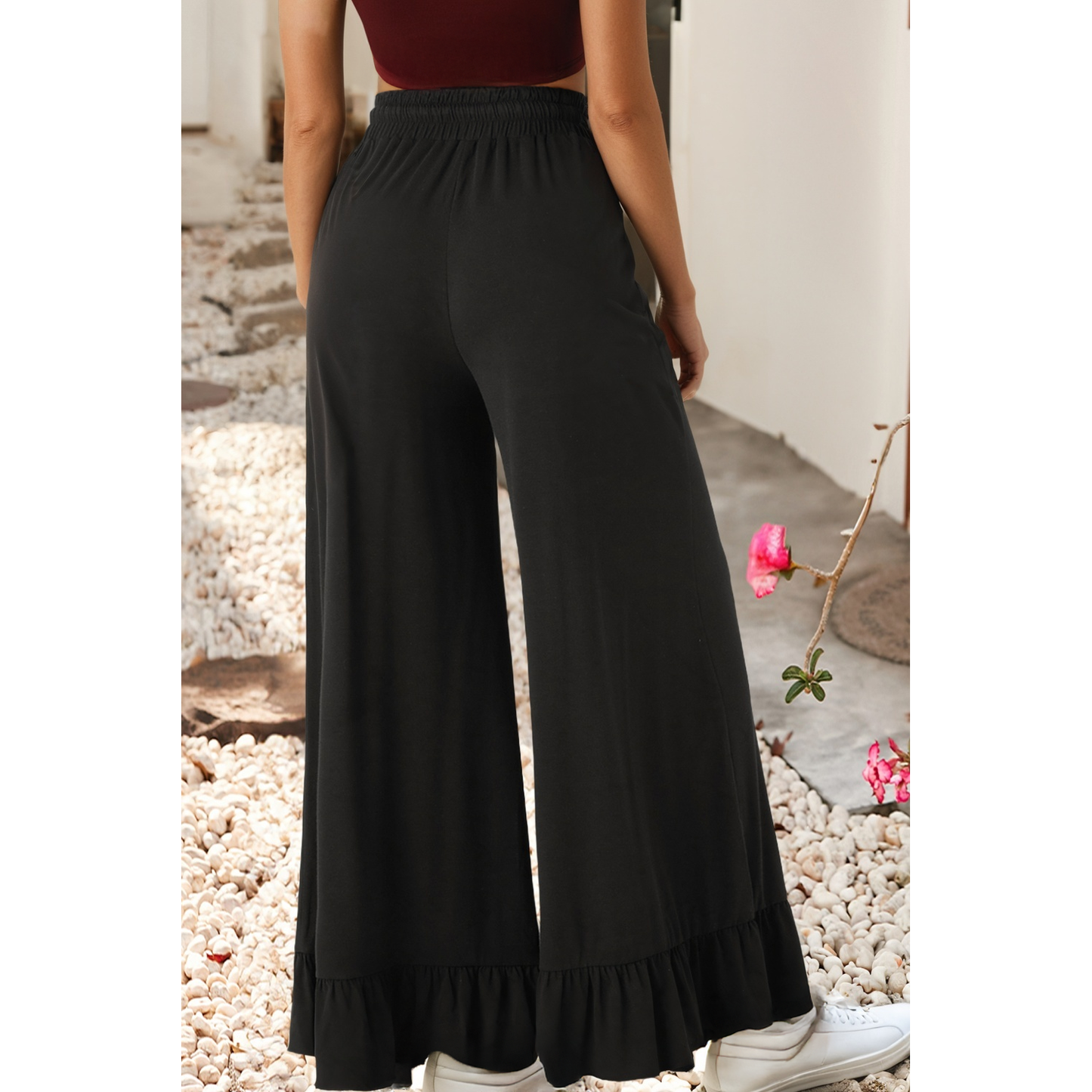 LDC Ruffled Wide Leg Pull On High Waist Pants: Black / S